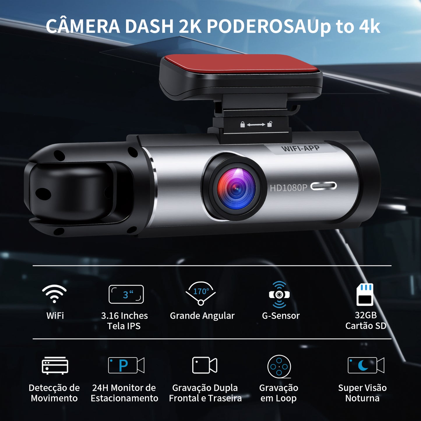 Camera Veicular Automotiva Dual Gravação Dashcam 32gb Wifi