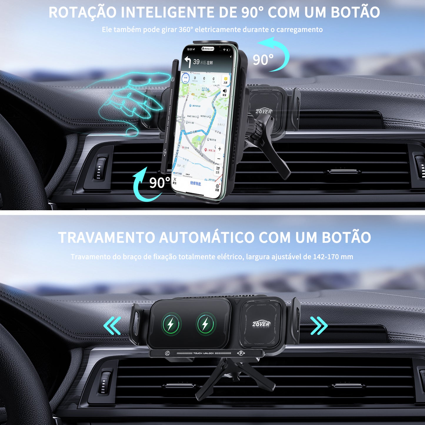 Suporte Para Carro Por De Carregamento Sem Fio Saída De Ar Preto