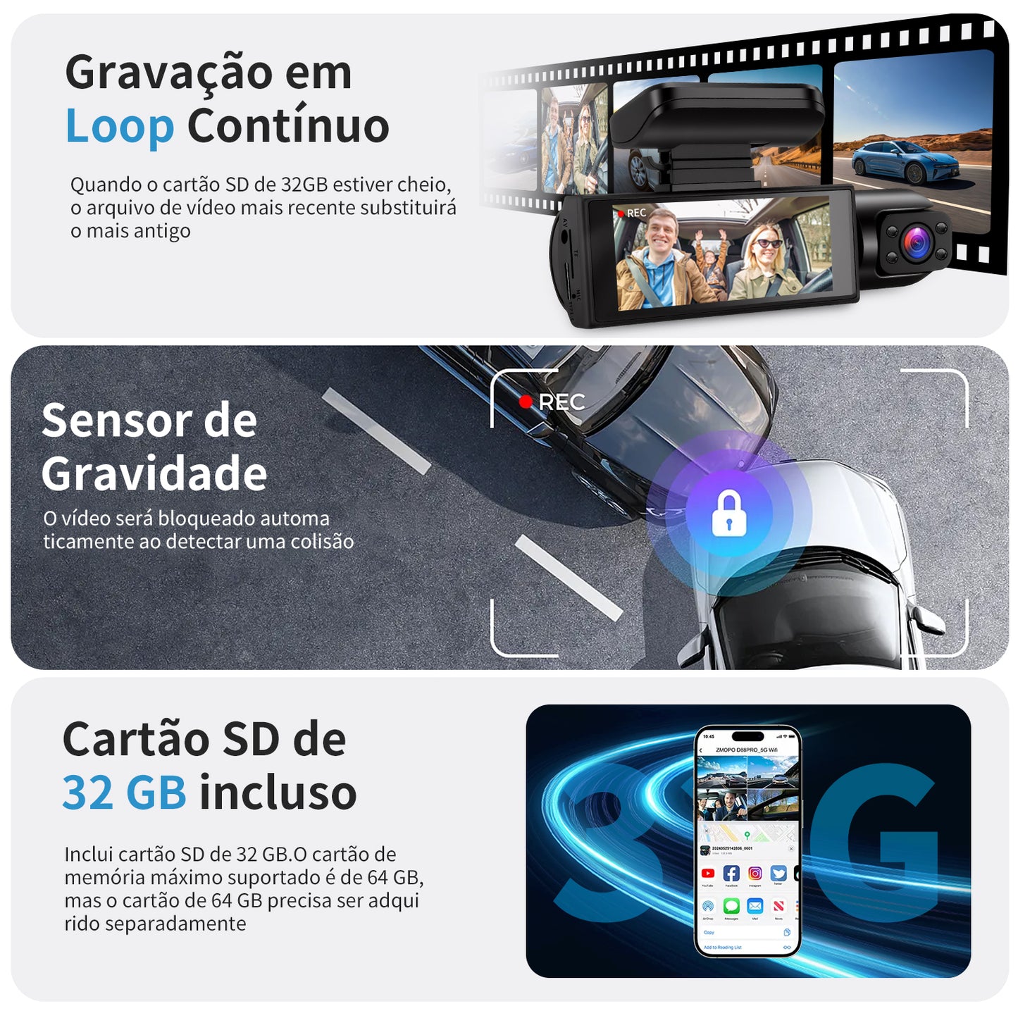 Camera Veicular Automotiva Dual Gravação Dashcam 32gb Wifi
