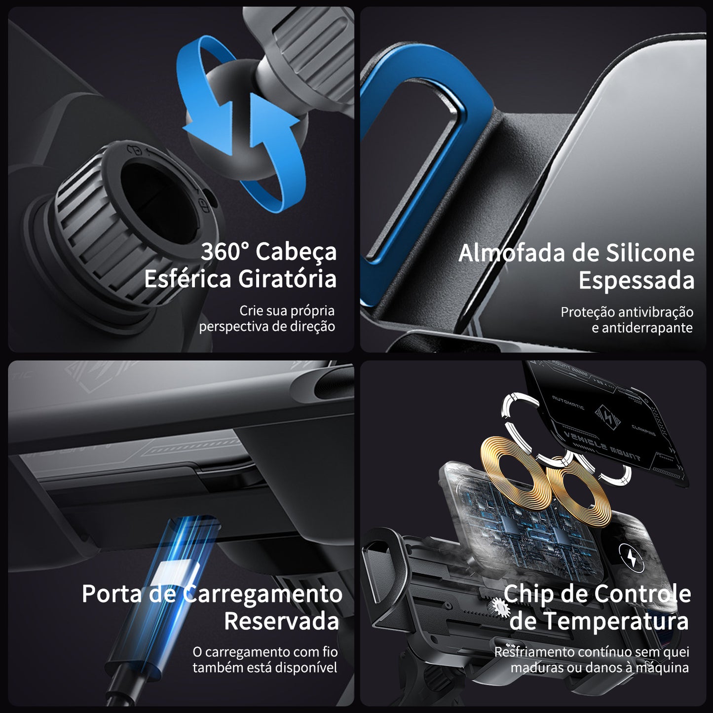 Suporte Para Carro Por De Carregamento Sem Fio Saída De Ar Preto