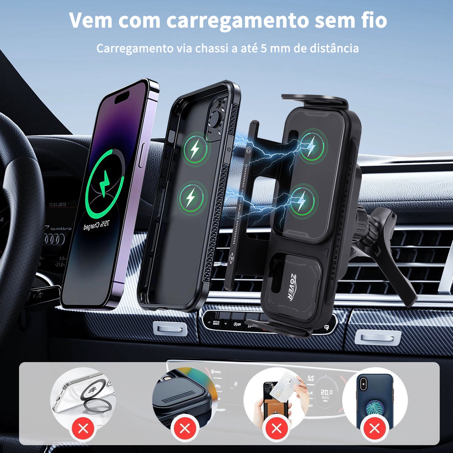 Suporte Para Carro Por De Carregamento Sem Fio Saída De Ar Preto