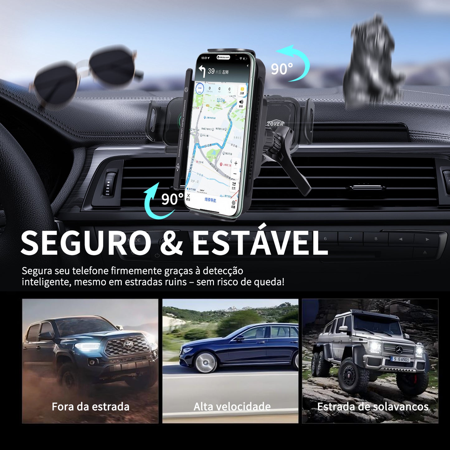 Suporte Para Carro Por De Carregamento Sem Fio Saída De Ar Preto